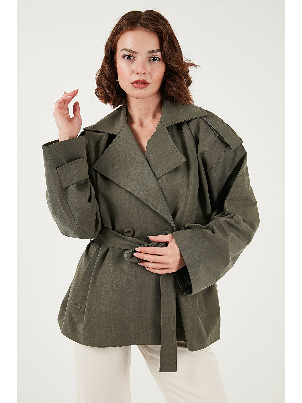 Haki Oversize Fit Kruvaze Yaka Kuşaklı Düğmeli Trençkot 6839609-4