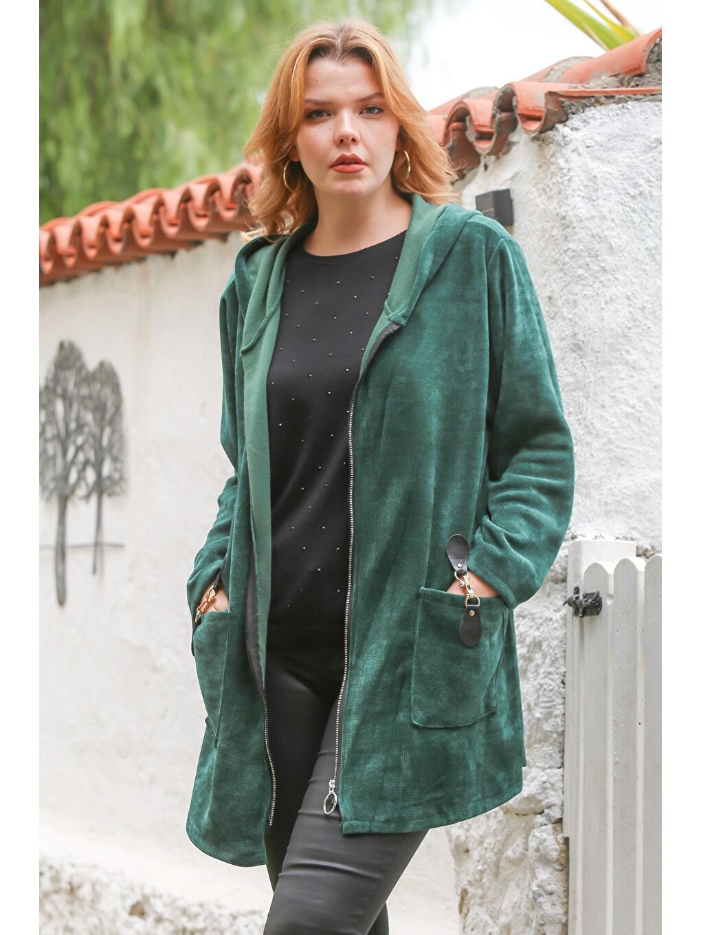 İtalyan Yeşil Kapüşonlu Uzun Kol Fermuarlı Cepli Casual Kadife Dokuma Ceket 80 75-2