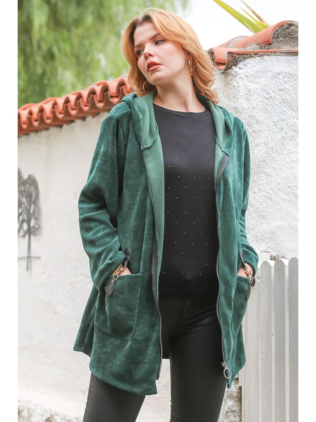 İtalyan Yeşil Kapüşonlu Uzun Kol Fermuarlı Cepli Casual Kadife Dokuma Ceket 80 75-3