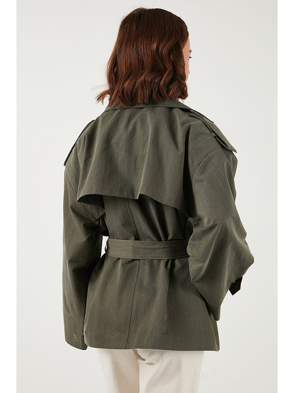 Haki Oversize Fit Kruvaze Yaka Kuşaklı Düğmeli Trençkot 6839609-6