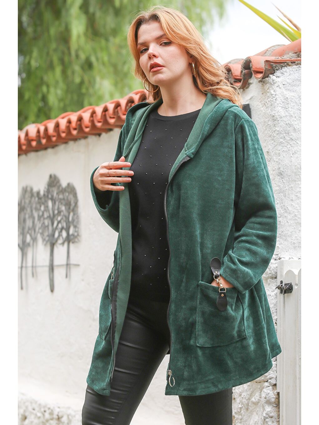 İtalyan Yeşil Kapüşonlu Uzun Kol Fermuarlı Cepli Casual Kadife Dokuma Ceket 80 75-4
