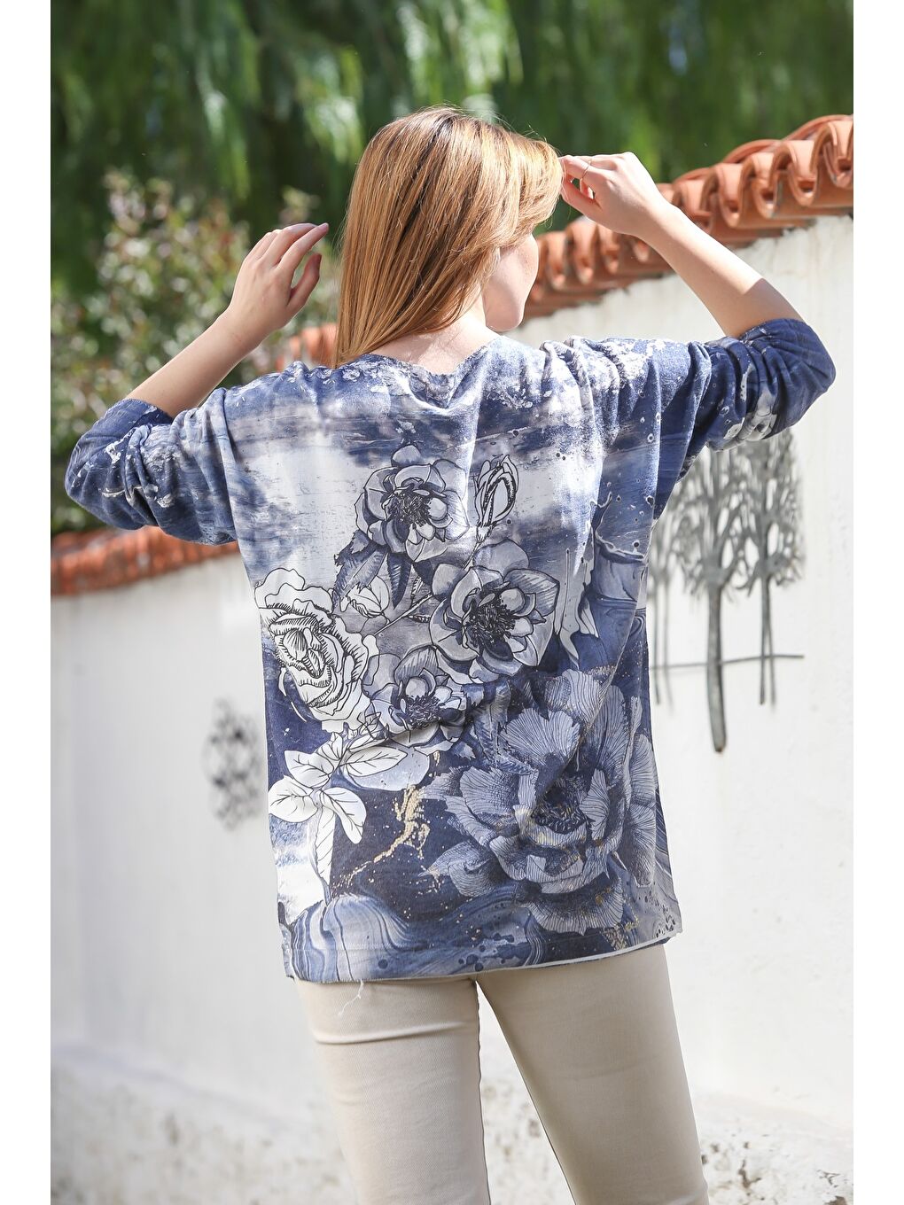 İtalyan Mavi Havuz Yaka Uzun Kol Dijital Baskılı Casual Angora Triko Bluz 75 65-5