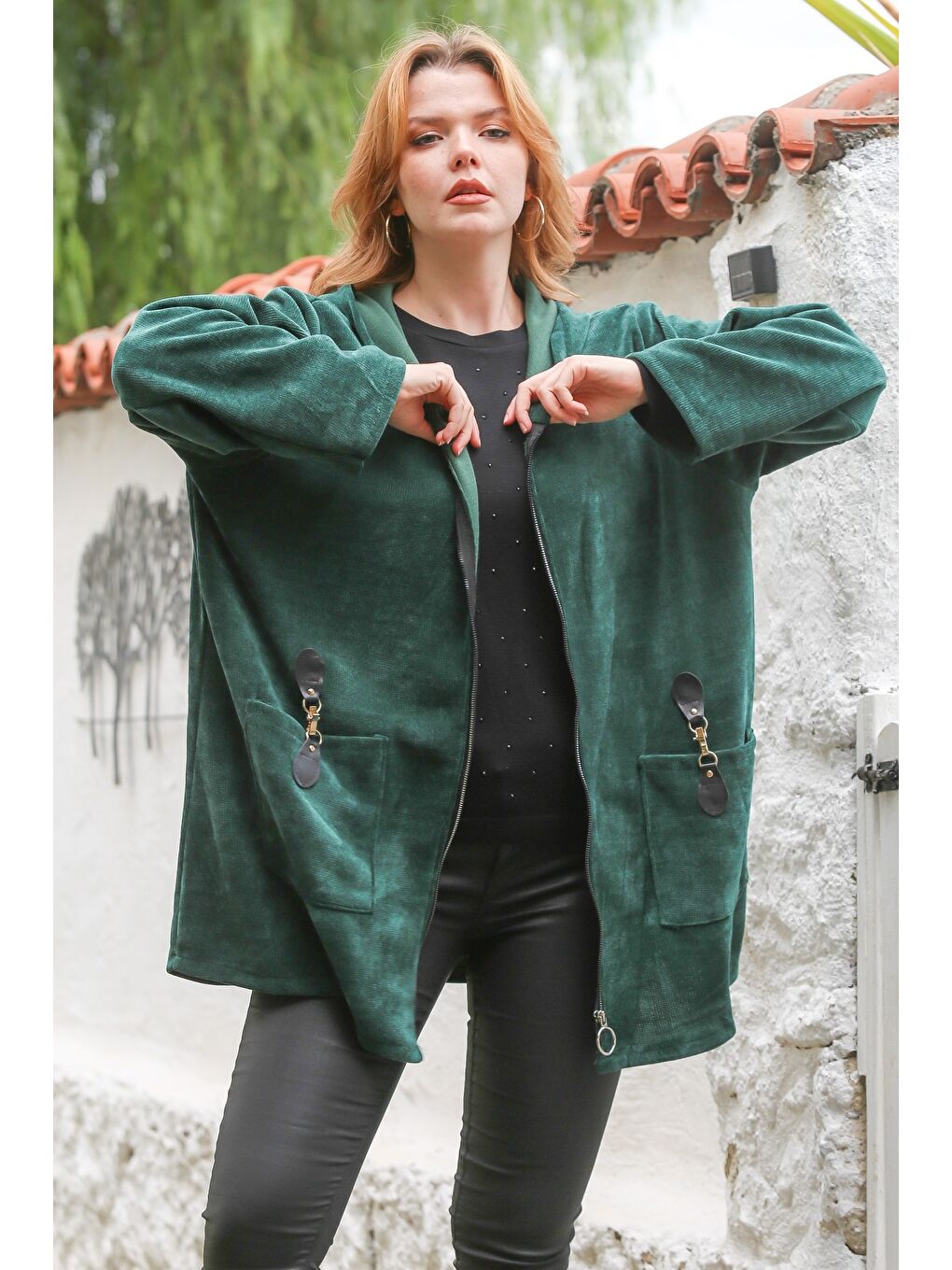 İtalyan Yeşil Kapüşonlu Uzun Kol Fermuarlı Cepli Casual Kadife Dokuma Ceket 80 75-5