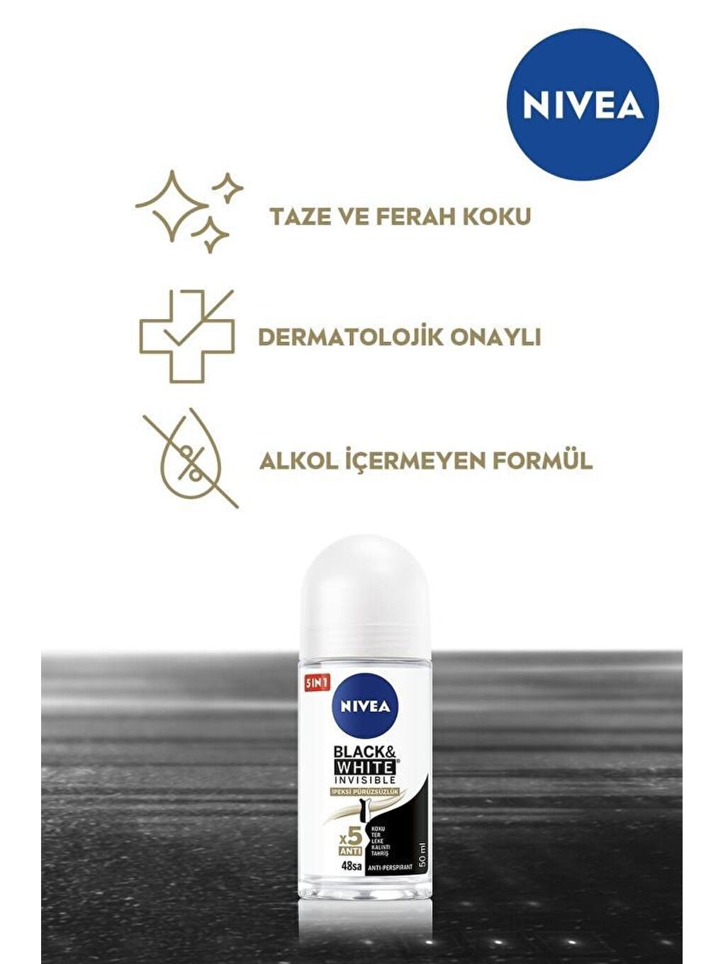 NIVEA Şeffaf Kadın Roll On Deodorant Black&White Ipeksi Pürüzsüzlük 50 ml, 48 Saat Anti-Perspirant Koruma - 1