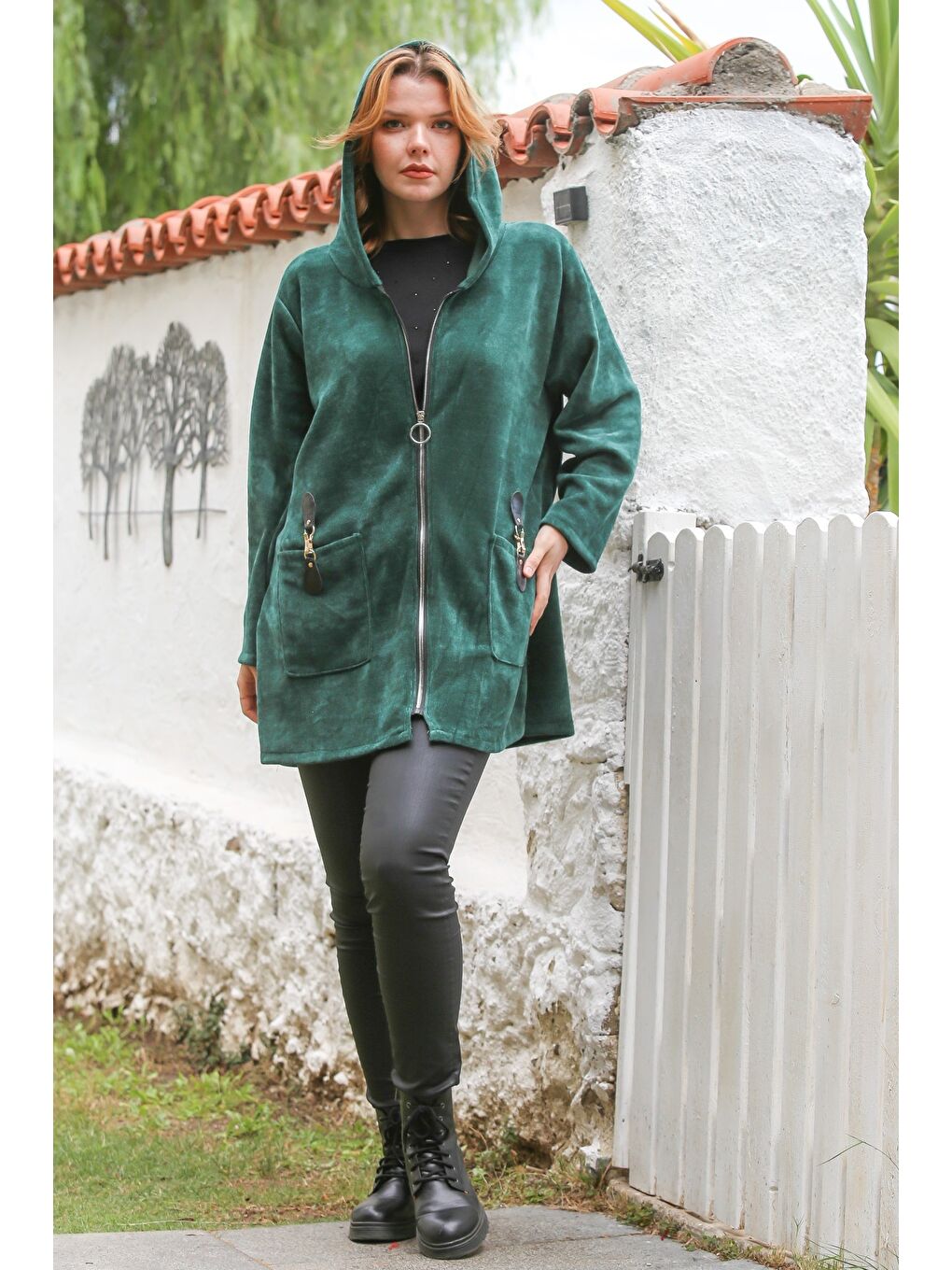 İtalyan Yeşil Kapüşonlu Uzun Kol Fermuarlı Cepli Casual Kadife Dokuma Ceket 80 75-6