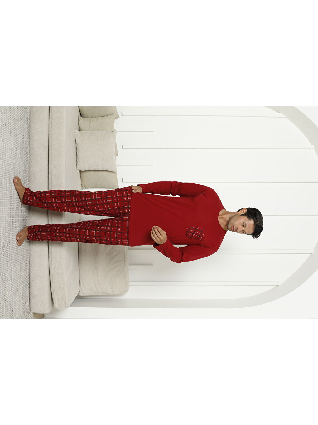 Kırmızı Erkek %100 Organik Doğal Pamuk Ekose Cep Detaylı Yüksek Kalite Uzun Kollu Battal Pijama Takımı