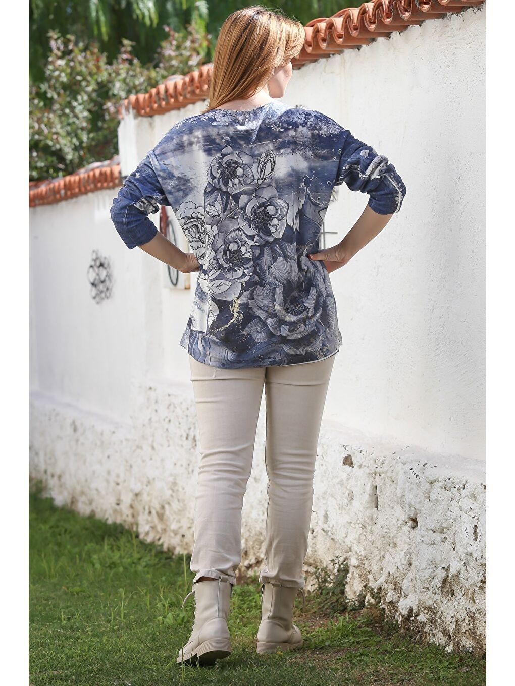 İtalyan Mavi Havuz Yaka Uzun Kol Dijital Baskılı Casual Angora Triko Bluz 75 65-7