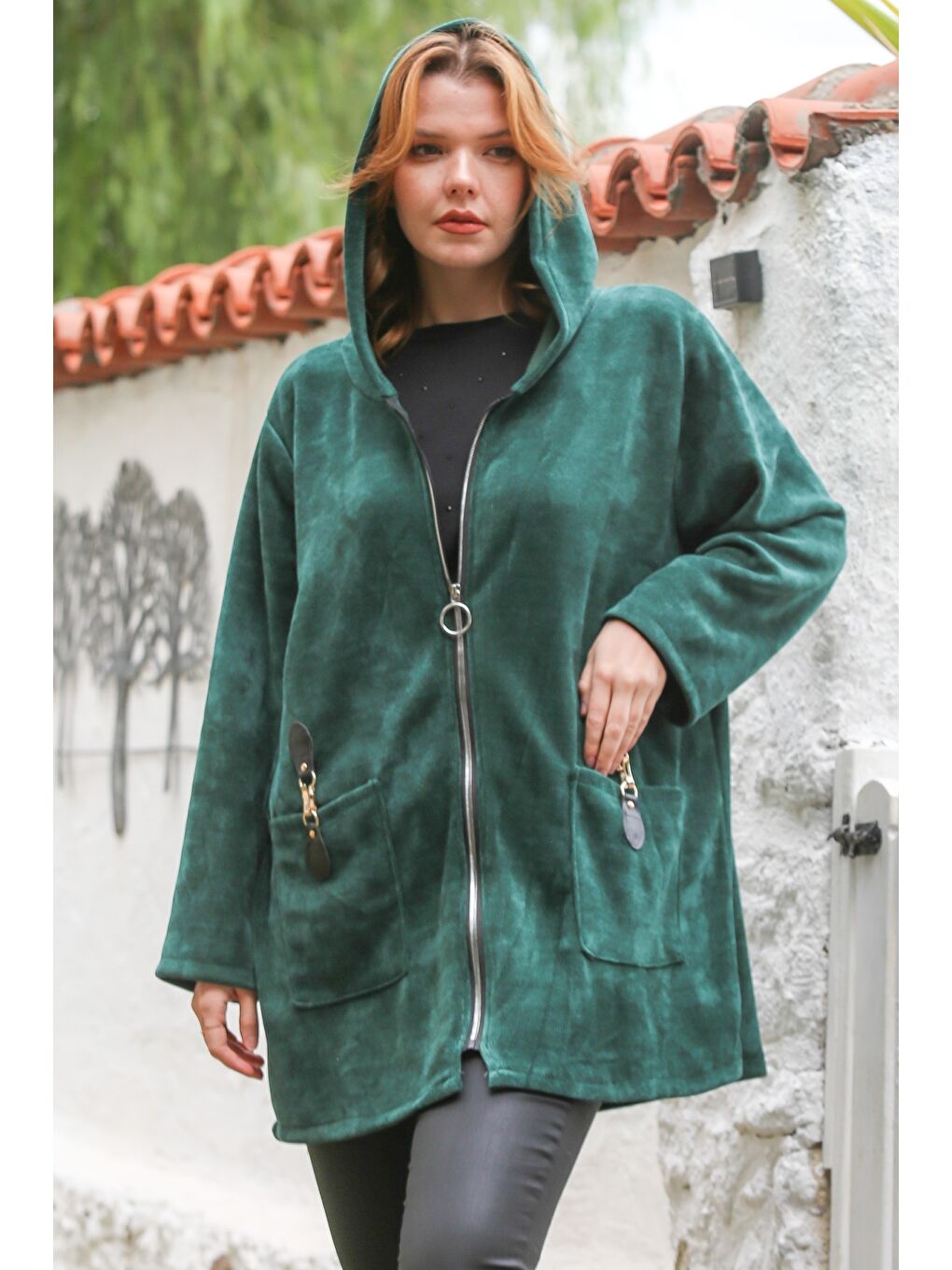 İtalyan Yeşil Kapüşonlu Uzun Kol Fermuarlı Cepli Casual Kadife Dokuma Ceket 80 75-7