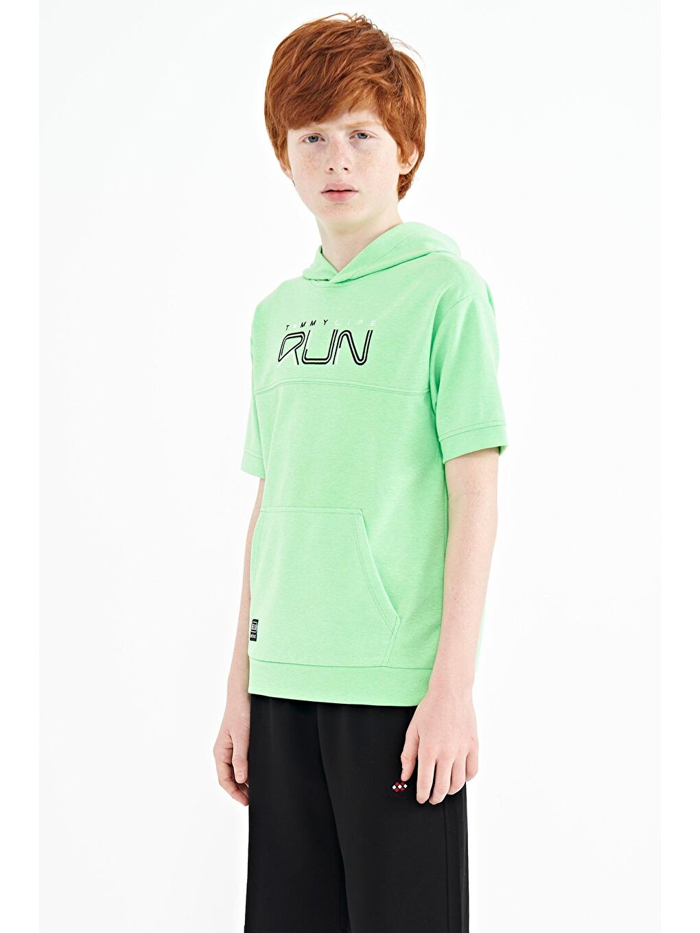 TOMMYLIFE Neonyeşil-Yeşil Neon Yeşil Kanguru Cepli Kapüşonlu Oversize Erkek Çocuk T-Shirt - 11160 - 4