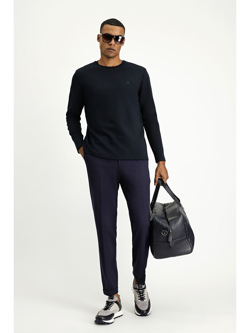 Lacivert Bisiklet Yaka Regular Fit Pamuklu Büyük Beden Sweatshirt