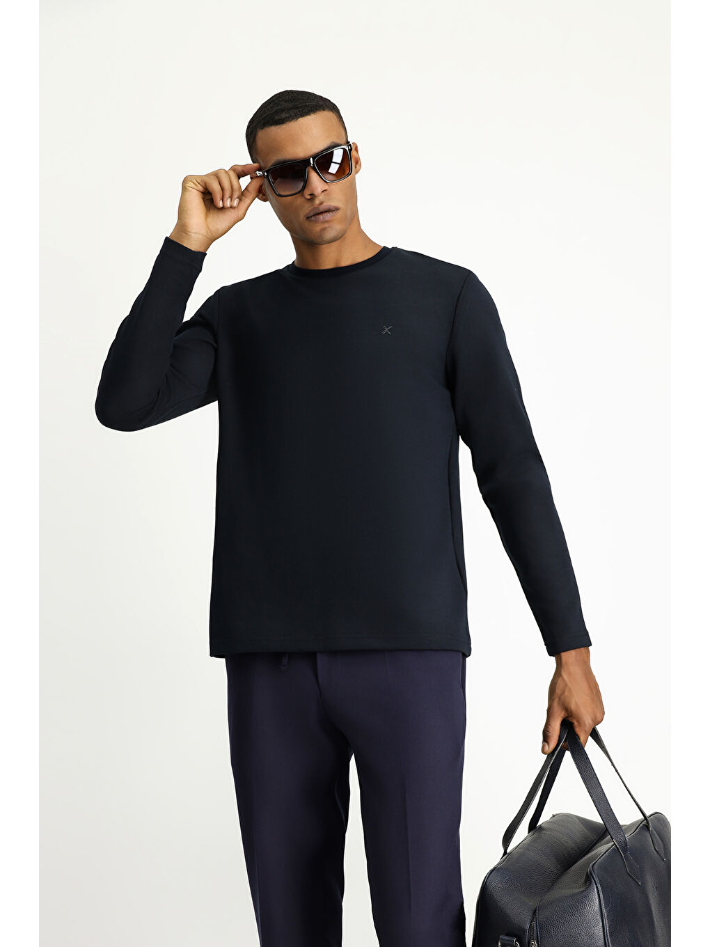 Lacivert Bisiklet Yaka Regular Fit Pamuklu Büyük Beden Sweatshirt-1