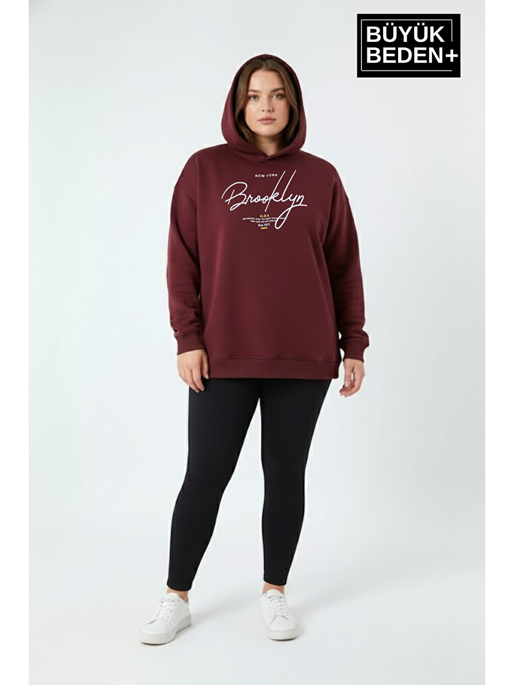 Bordo Kadın Büyük Beden Kapüşonlu El yazılı Brooklyn Baskılı Rahat Kalıp Sweatshirt SPR26BSWK958