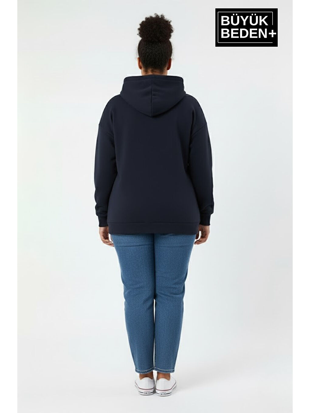 Lacivert Kadın Büyük Beden Kapüşonlu El yazılı Brooklyn Baskılı Rahat Kalıp Sweatshirt SPR26BSWK958-2