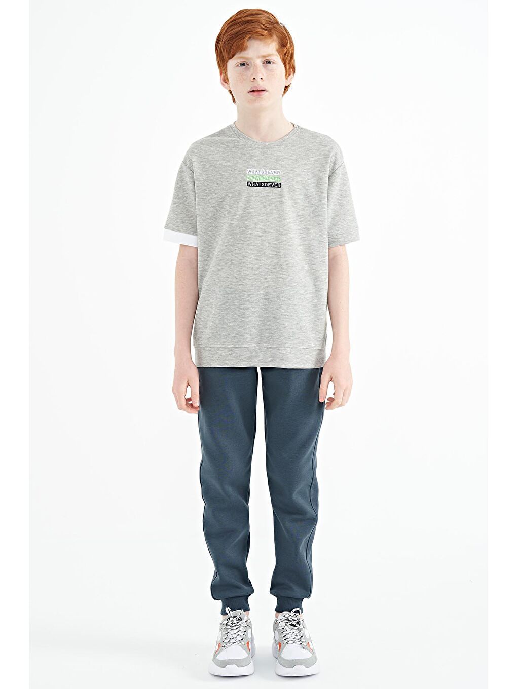 TOMMYLIFE Gri Melanj Yazı Nakışlı O Yaka Oversize Erkek Çocuk T-Shirt - 11146 - 2