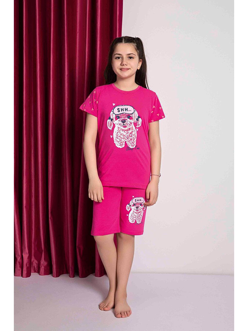 Kız Çocuk Penye Kısa Kollu Kaprili Pijama Takımı | Fuşya 2669