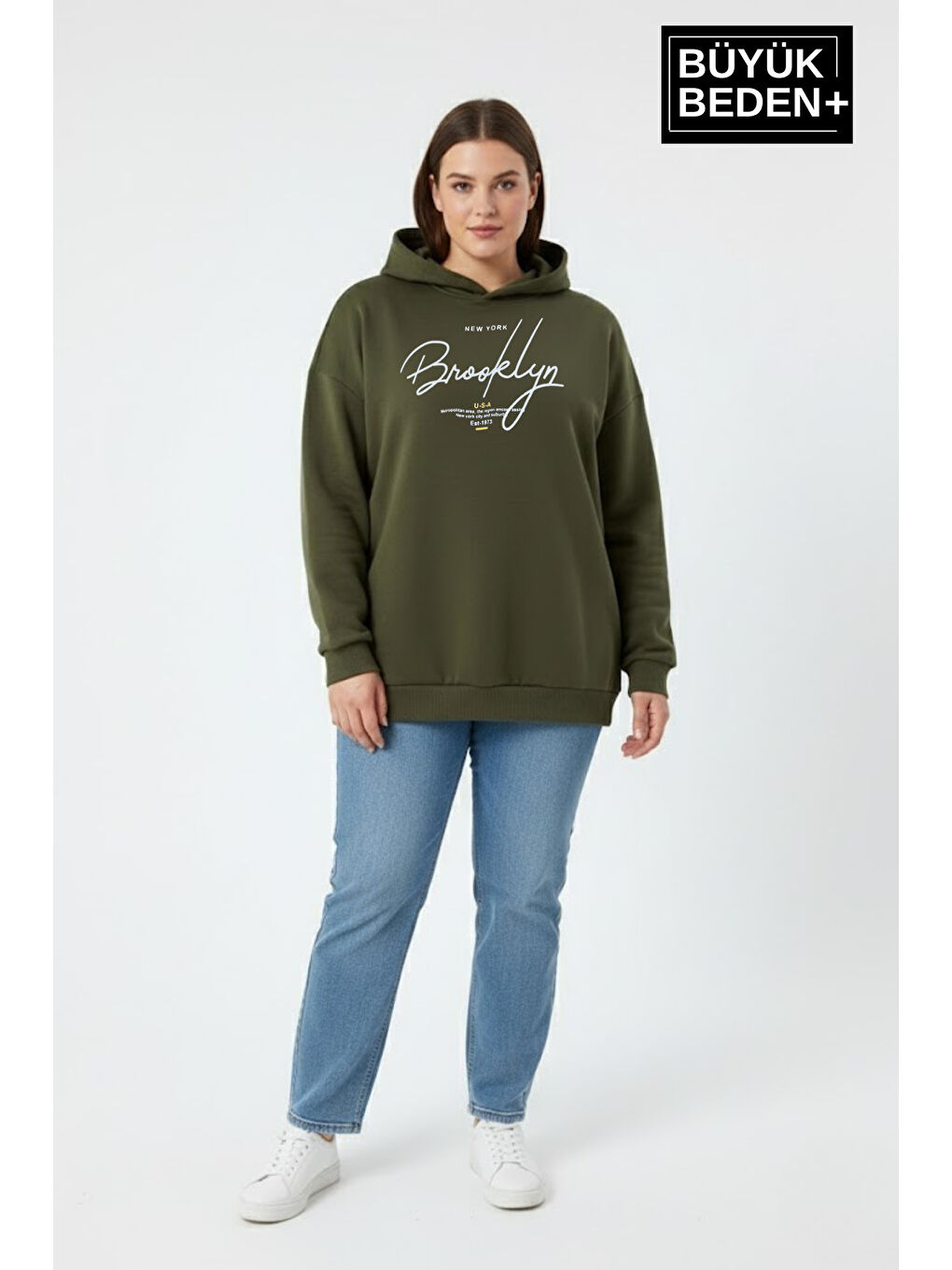 Haki Kadın Büyük Beden Kapüşonlu El yazılı Brooklyn Baskılı Rahat Kalıp Sweatshirt SPR26BSWK958