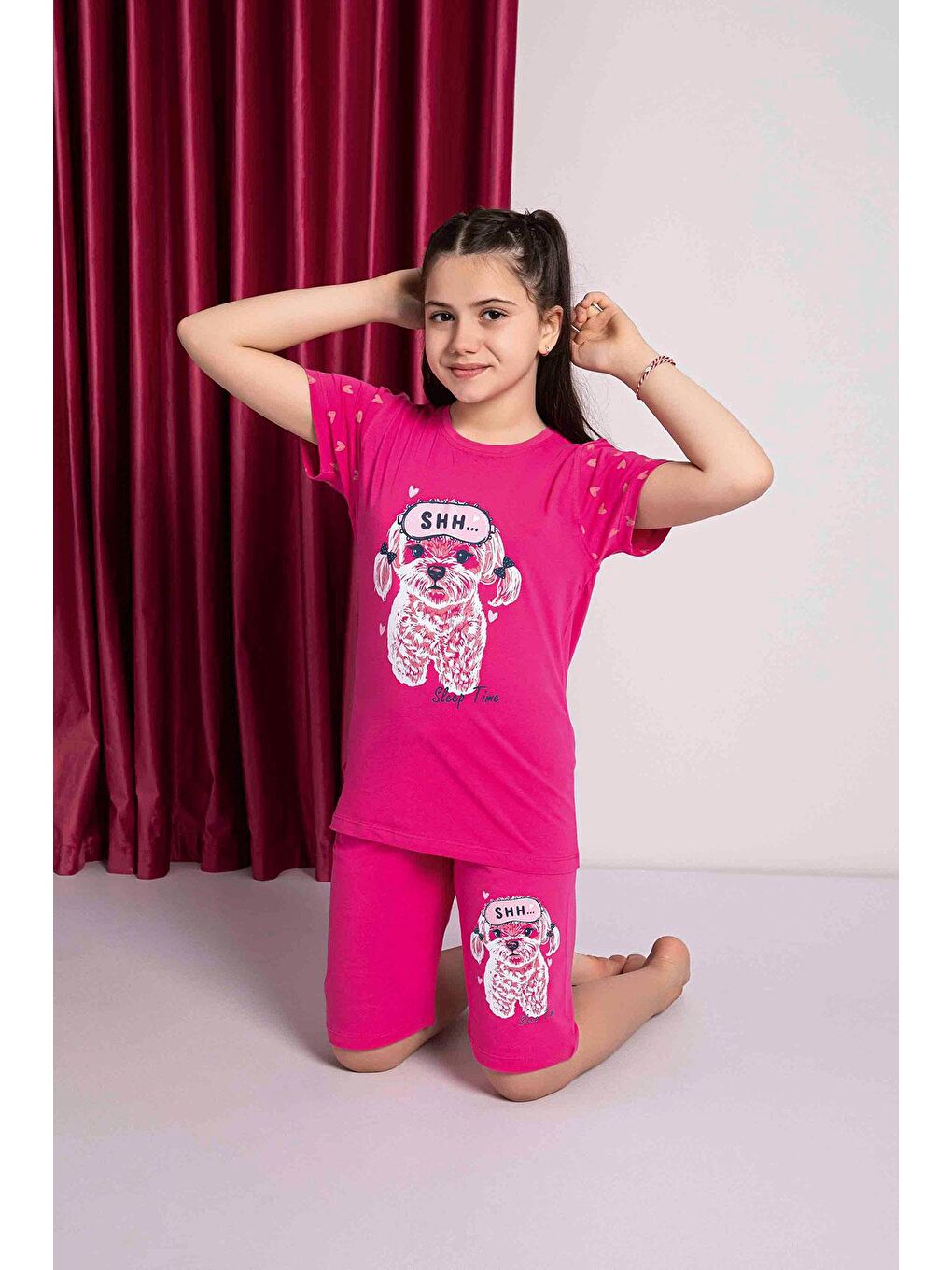 Kız Çocuk Penye Kısa Kollu Kaprili Pijama Takımı | Fuşya 2669-1
