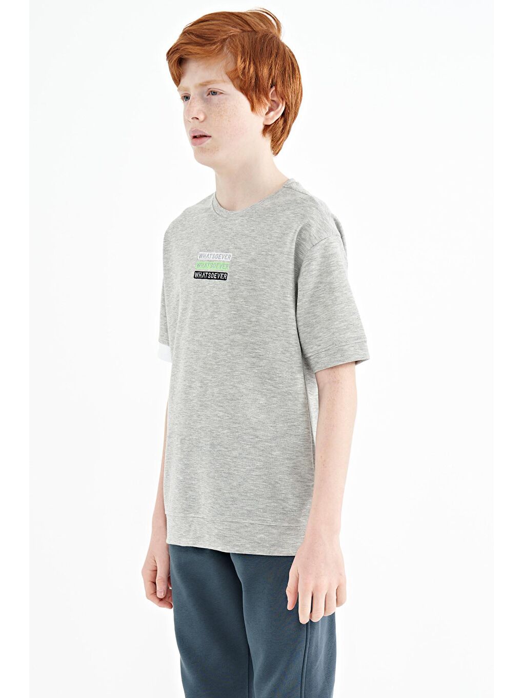 TOMMYLIFE Gri Melanj Yazı Nakışlı O Yaka Oversize Erkek Çocuk T-Shirt - 11146 - 4