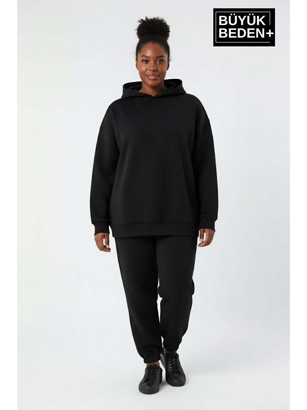 Siyah Kadın Büyük Beden İnce Kapüşonlu Kollar Ve Etek Ribanalı Swatshırt SPR26BSWK957