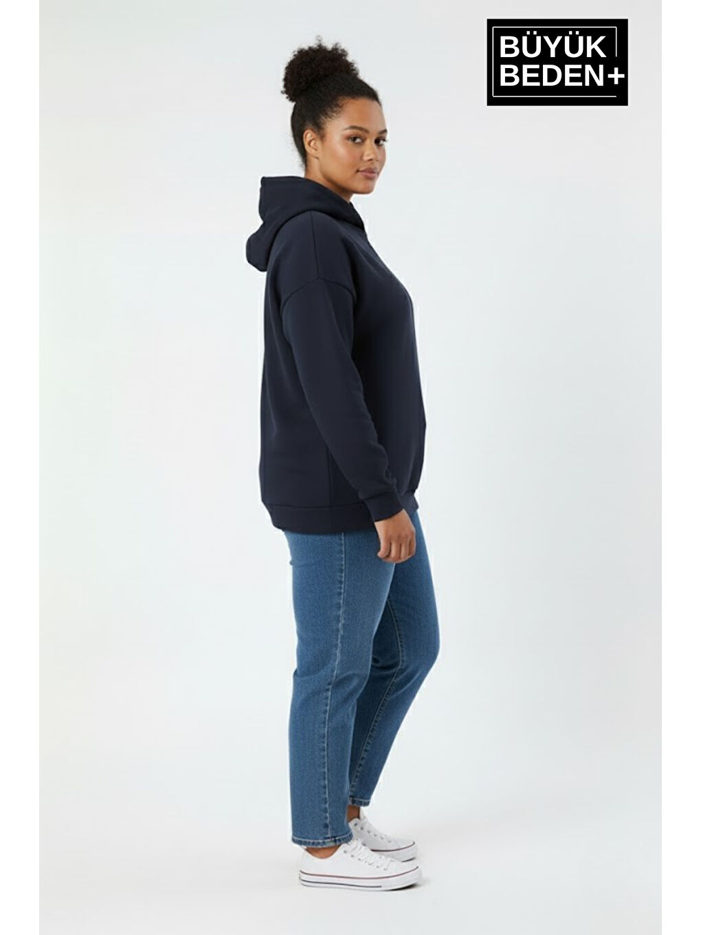 Lacivert Kadın Büyük Beden İnce Kapüşonlu Kollar Ve Etek Ribanalı Swatshırt SPR26BSWK957-1