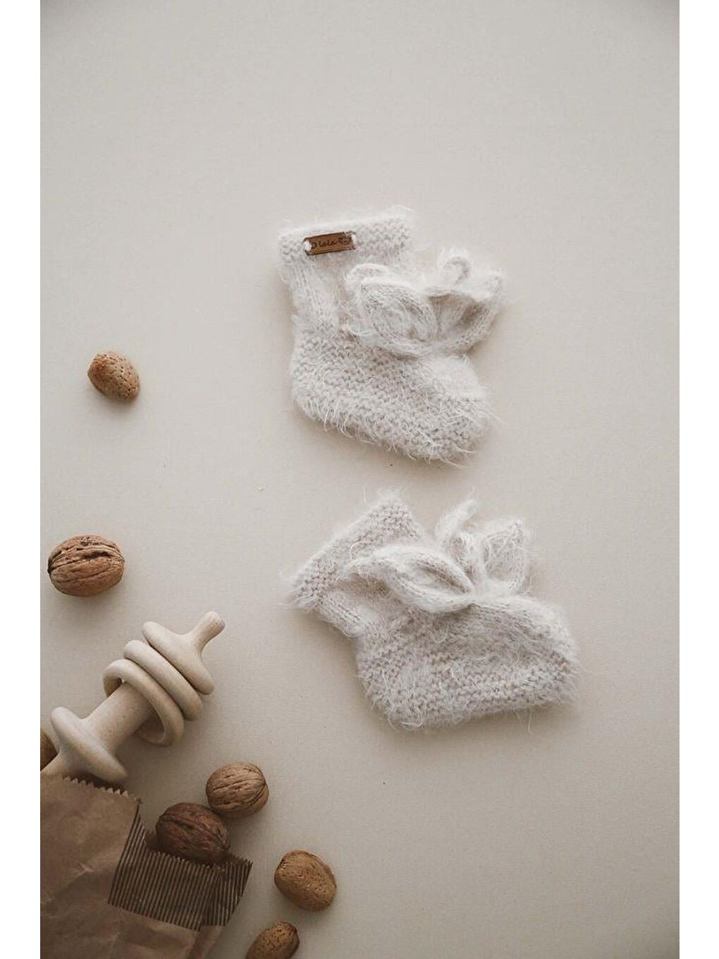 Bej Tavşan Kulaklı Örgü Patik Bebek 0-12 Ay-1