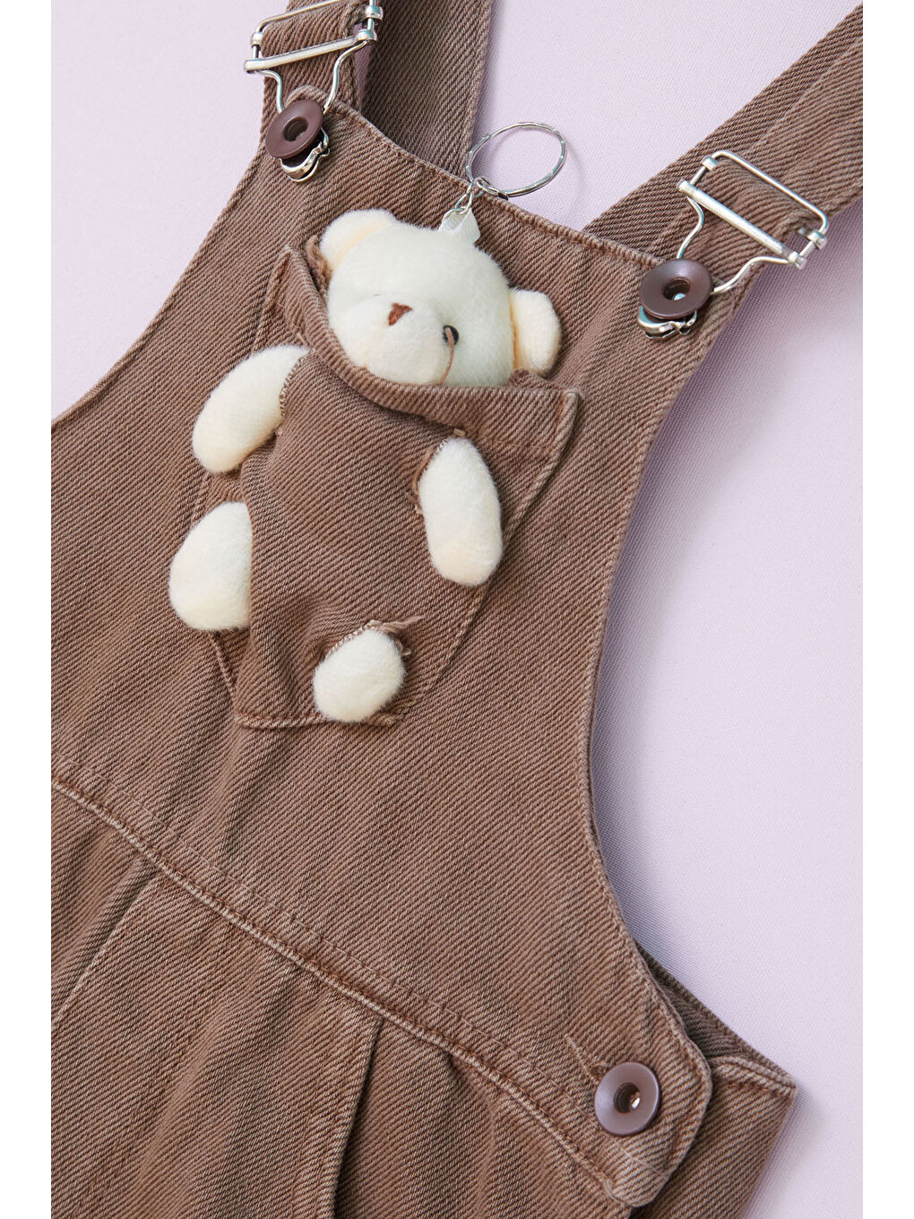 Kahverengi Ayıcıklı Göğüs Cepli Kız Çocuk Salopet Tulum 18753-1