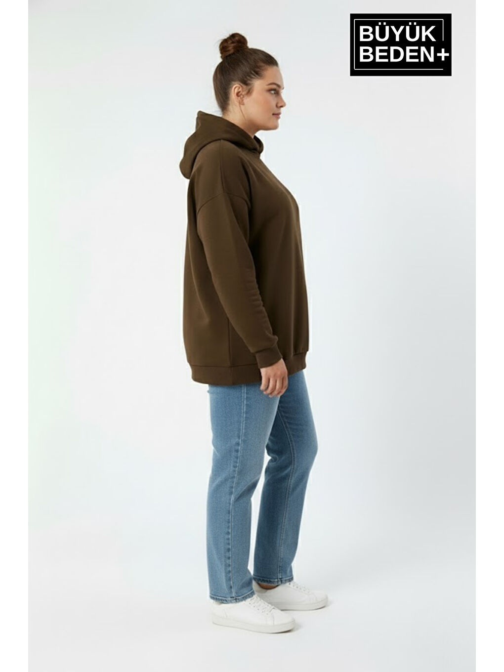 Kahverengi Kadın Büyük Beden İnce Kapüşonlu Kollar Ve Etek Ribanalı Swatshırt SPR26BSWK957-1