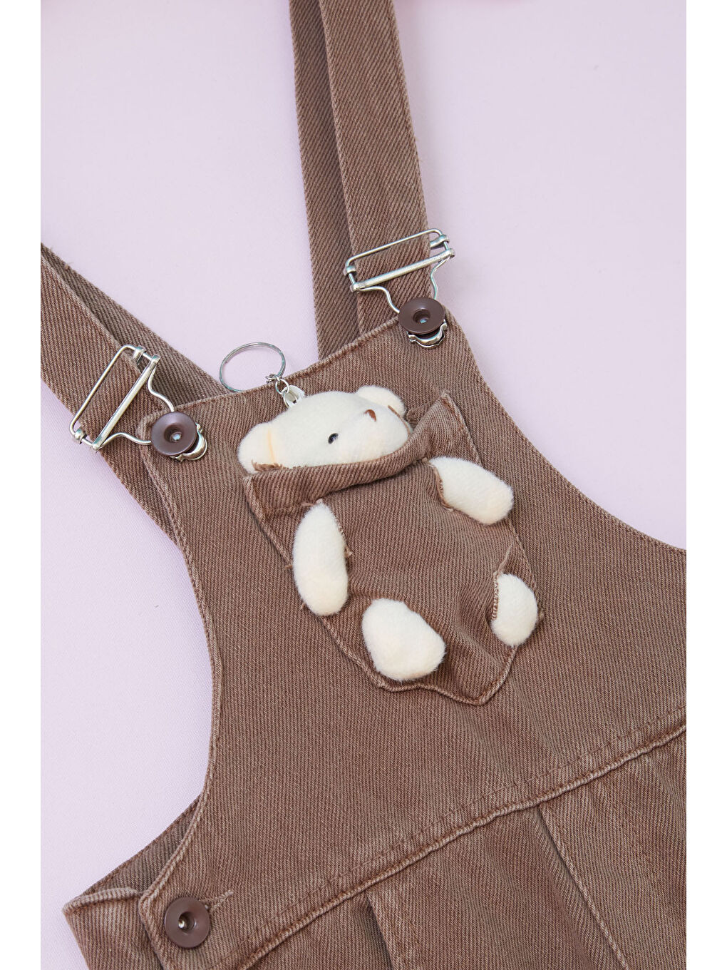 Kahverengi Ayıcıklı Göğüs Cepli Kız Çocuk Salopet Tulum 18753-3