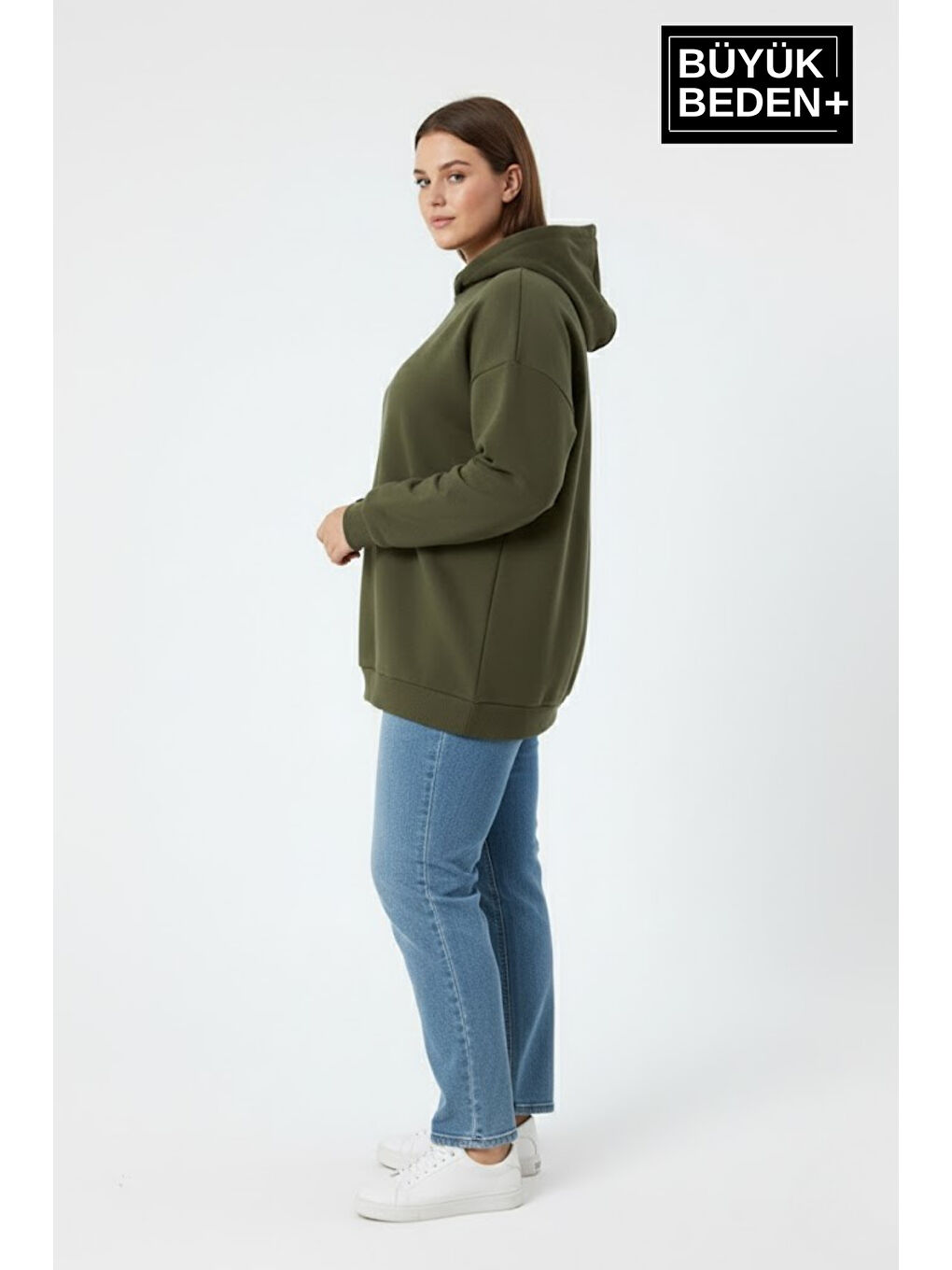 Haki Kadın Büyük Beden İnce Kapüşonlu Kollar Ve Etek Ribanalı Swatshırt SPR26BSWK957-2