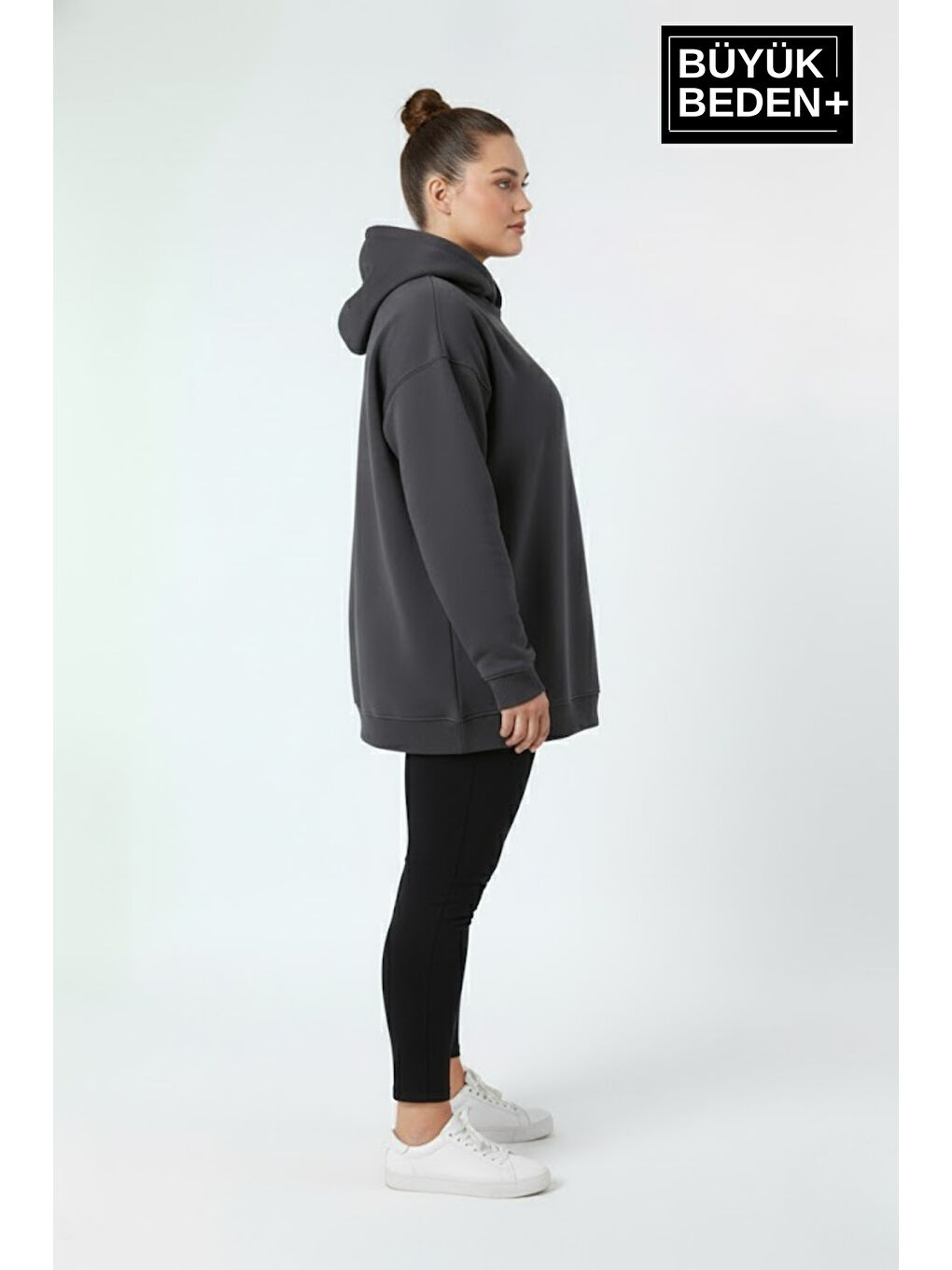 Gri Kadın Büyük Beden İnce Kapüşonlu Kollar Ve Etek Ribanalı Swatshırt SPR26BSWK957-2