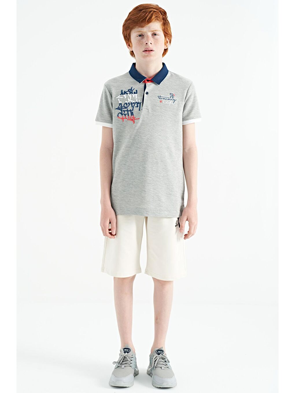 Gri Melanj Yazı Nakış Detaylı Standart Kalıp Polo Yaka Erkek Çocuk Tişört - 11085-1