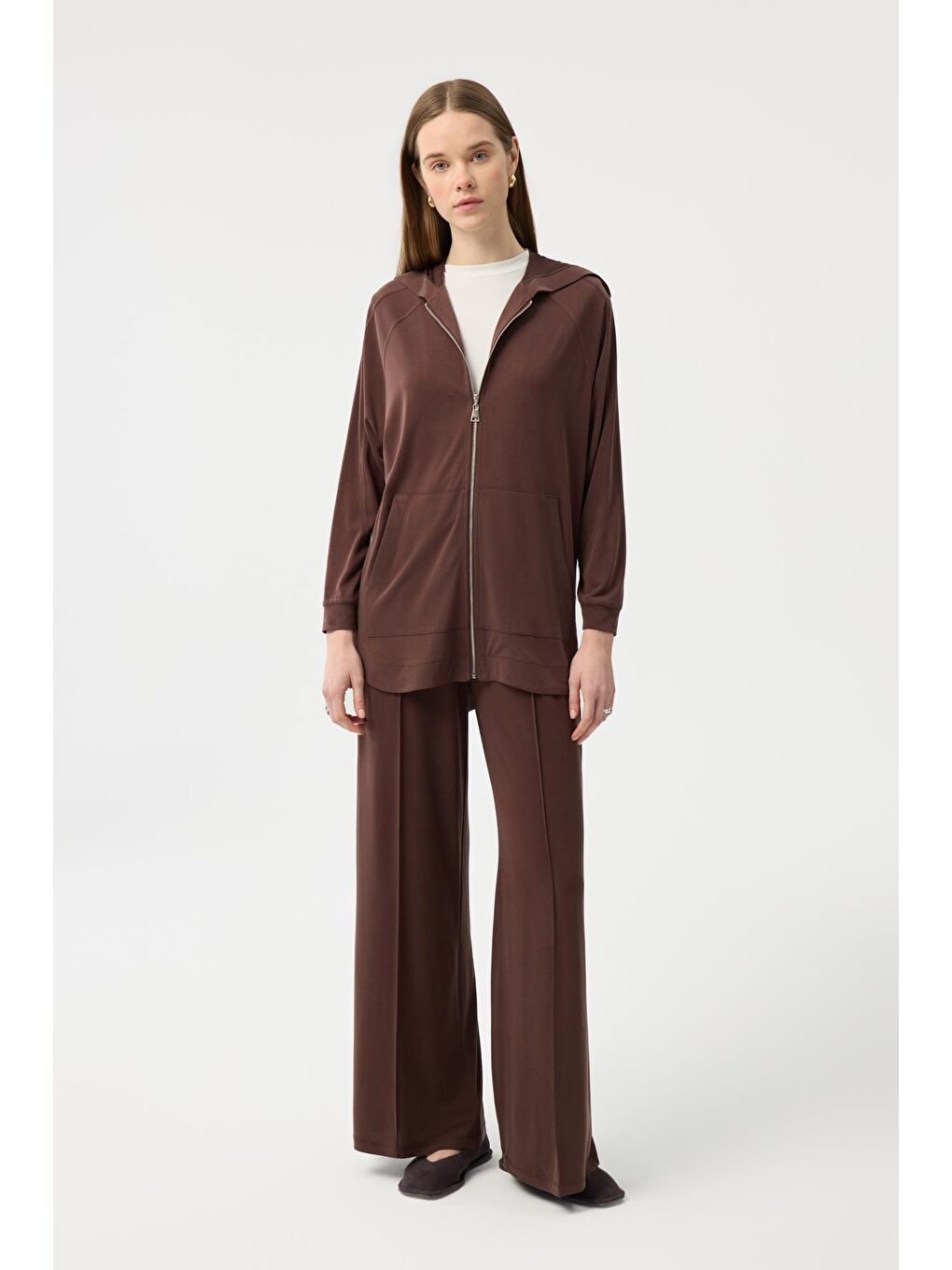 Modal Cupra Fermuarlı Hırka Takım Kahverengi-1