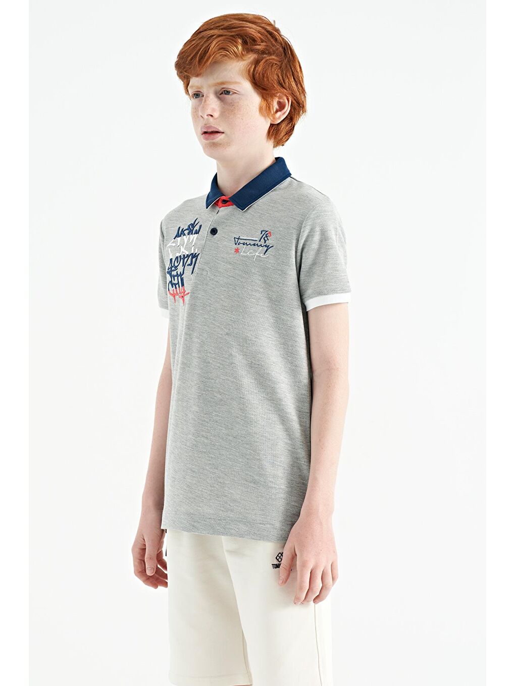 Gri Melanj Yazı Nakış Detaylı Standart Kalıp Polo Yaka Erkek Çocuk Tişört - 11085-3
