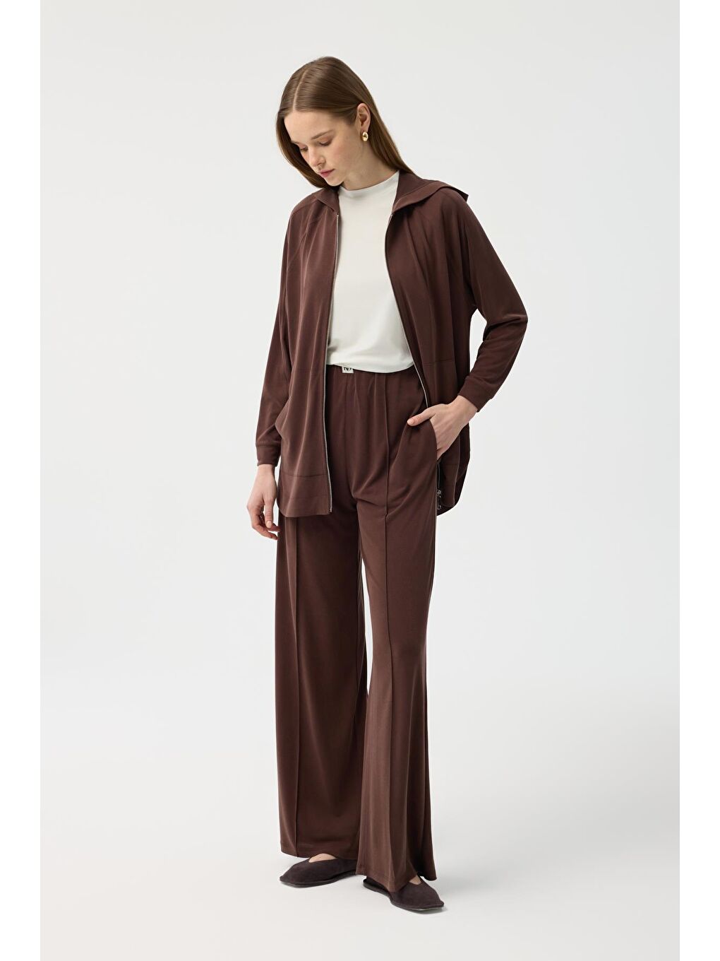 Modal Cupra Fermuarlı Hırka Takım Kahverengi-2