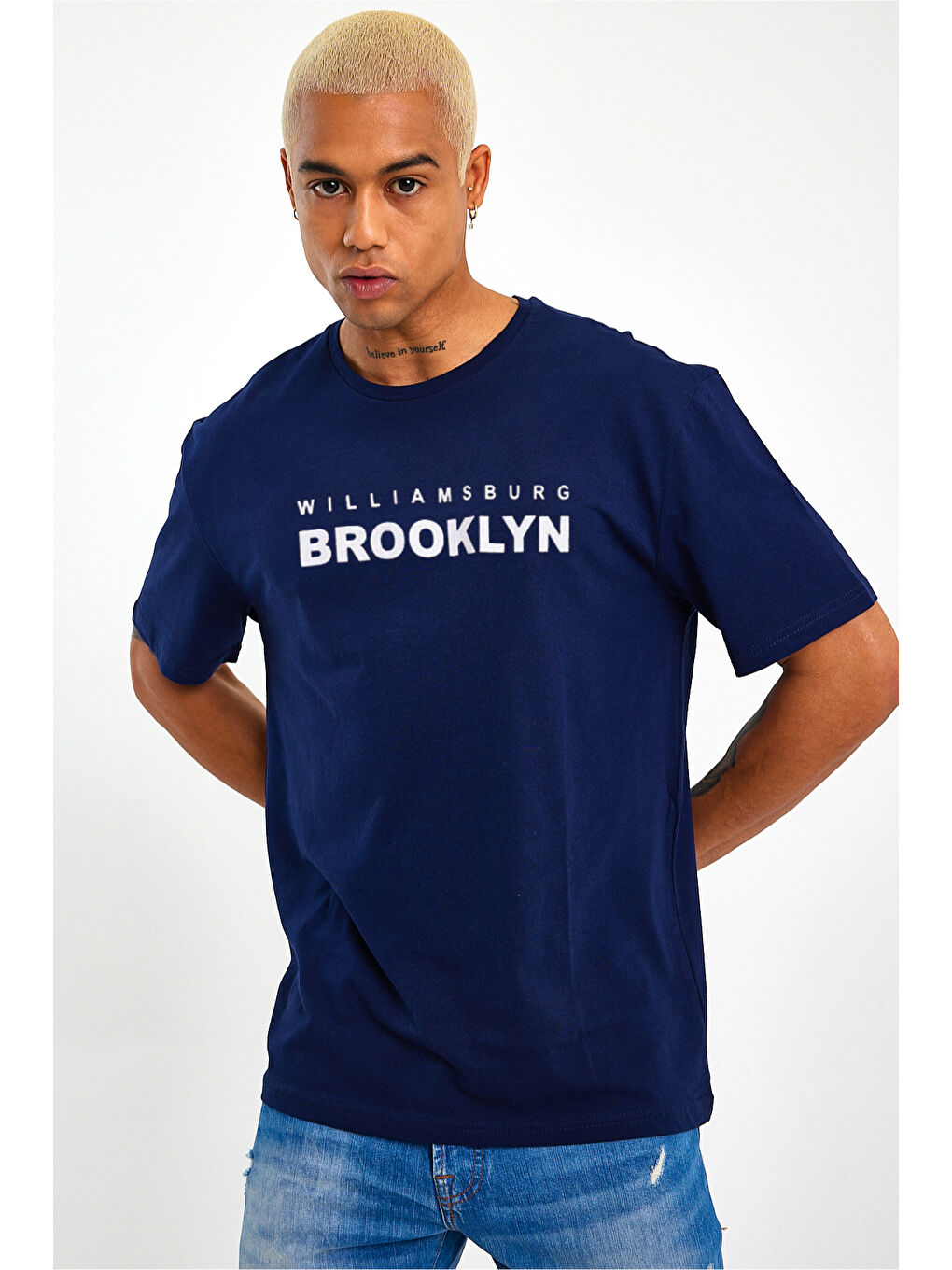 Lacivert Erkek Bisiklet Yaka Willams.Brooklyn Baskılı Büyük Beden Tişört SPR25TS31