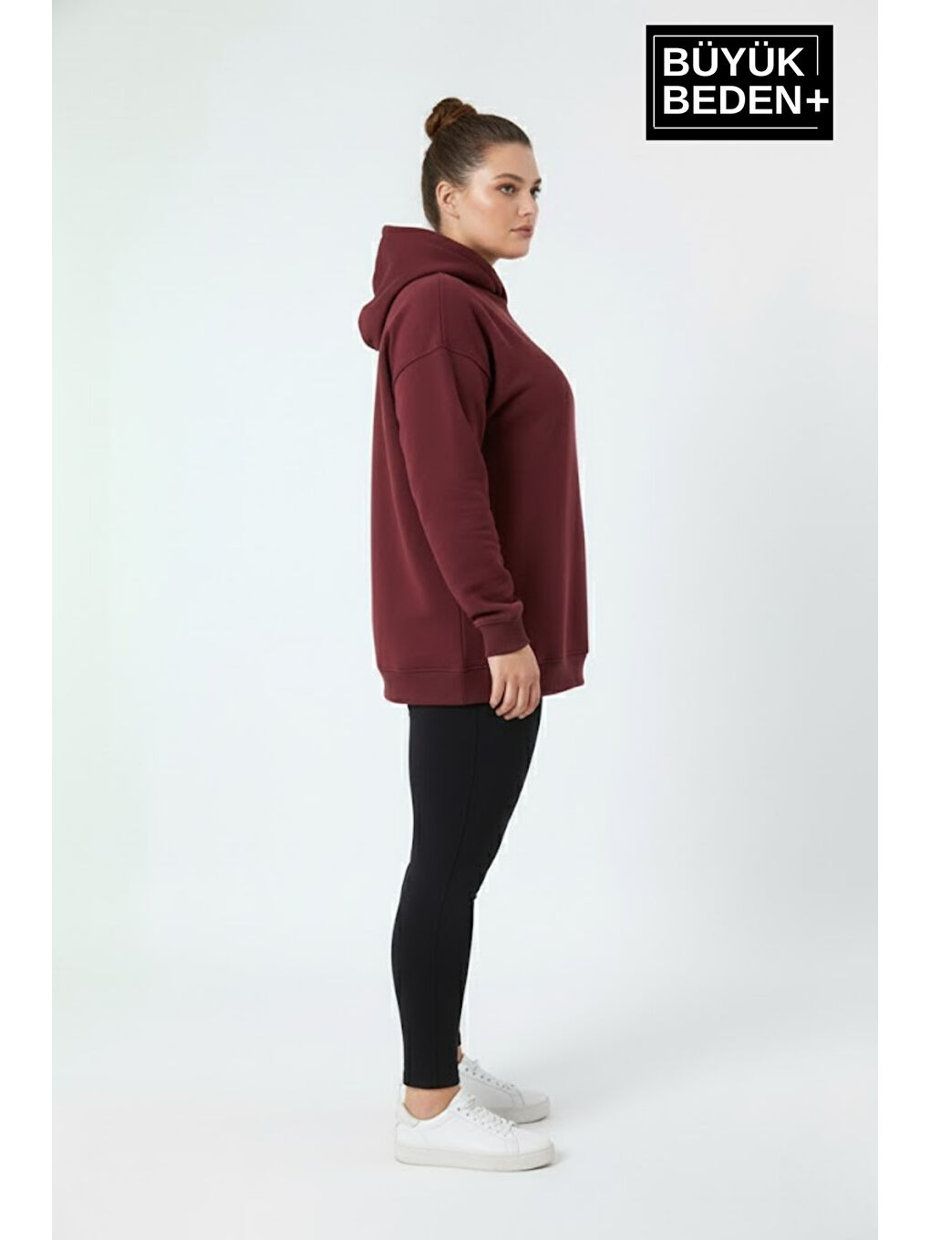 Bordo Kadın Büyük Beden İnce Kapüşonlu Kollar Ve Etek Ribanalı Swatshırt SPR26BSWK957-1
