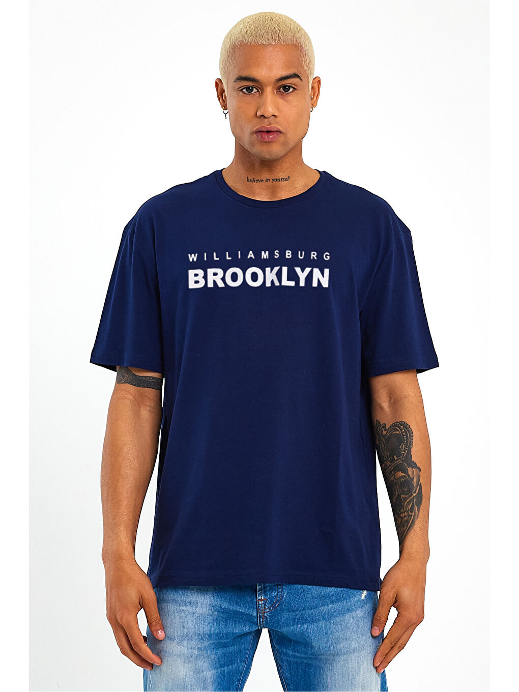 Lacivert Erkek Bisiklet Yaka Willams.Brooklyn Baskılı Büyük Beden Tişört SPR25TS31-1