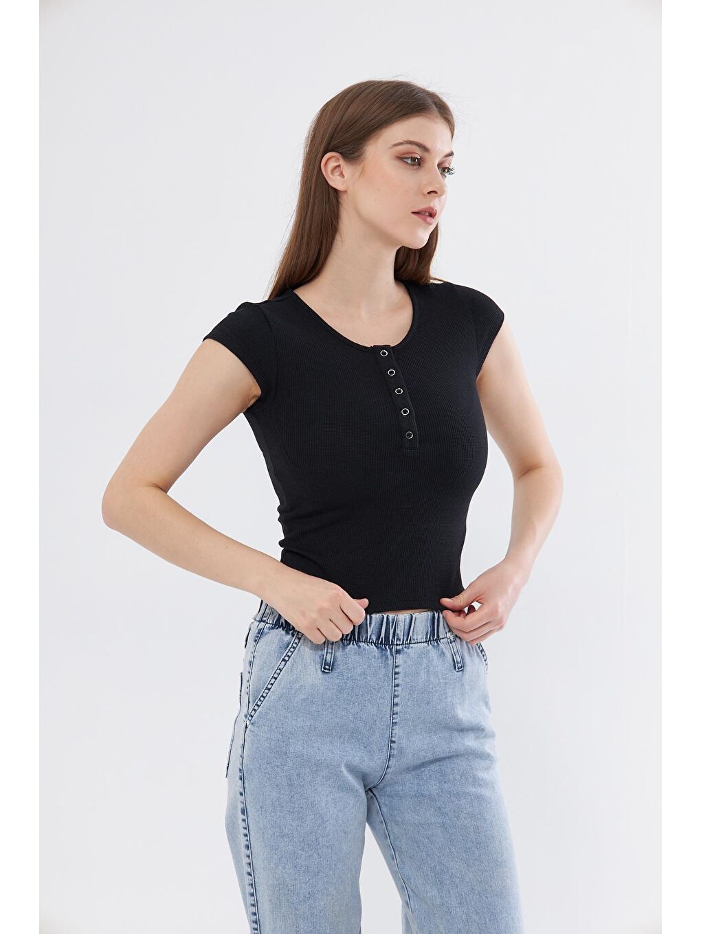 Chandraswear Kadın Siyah Dar Kalıp Crop T-shirt - Citcit - 4