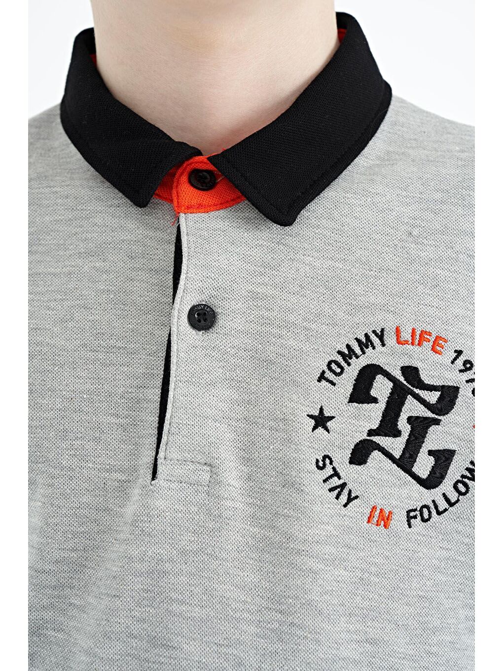 TOMMYLIFE Gri Melanj Kol Gögüs Nakış Detaylı Standart Kalıp Polo Yaka Erkek Çocuk T-Shirt - 11086 - 3