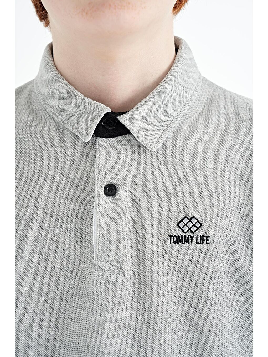 TOMMYLIFE Gri Melanj Logo Nakışlı Standart Kalıp Polo Yaka Erkek Çocuk T-Shirt - 11083 - 1