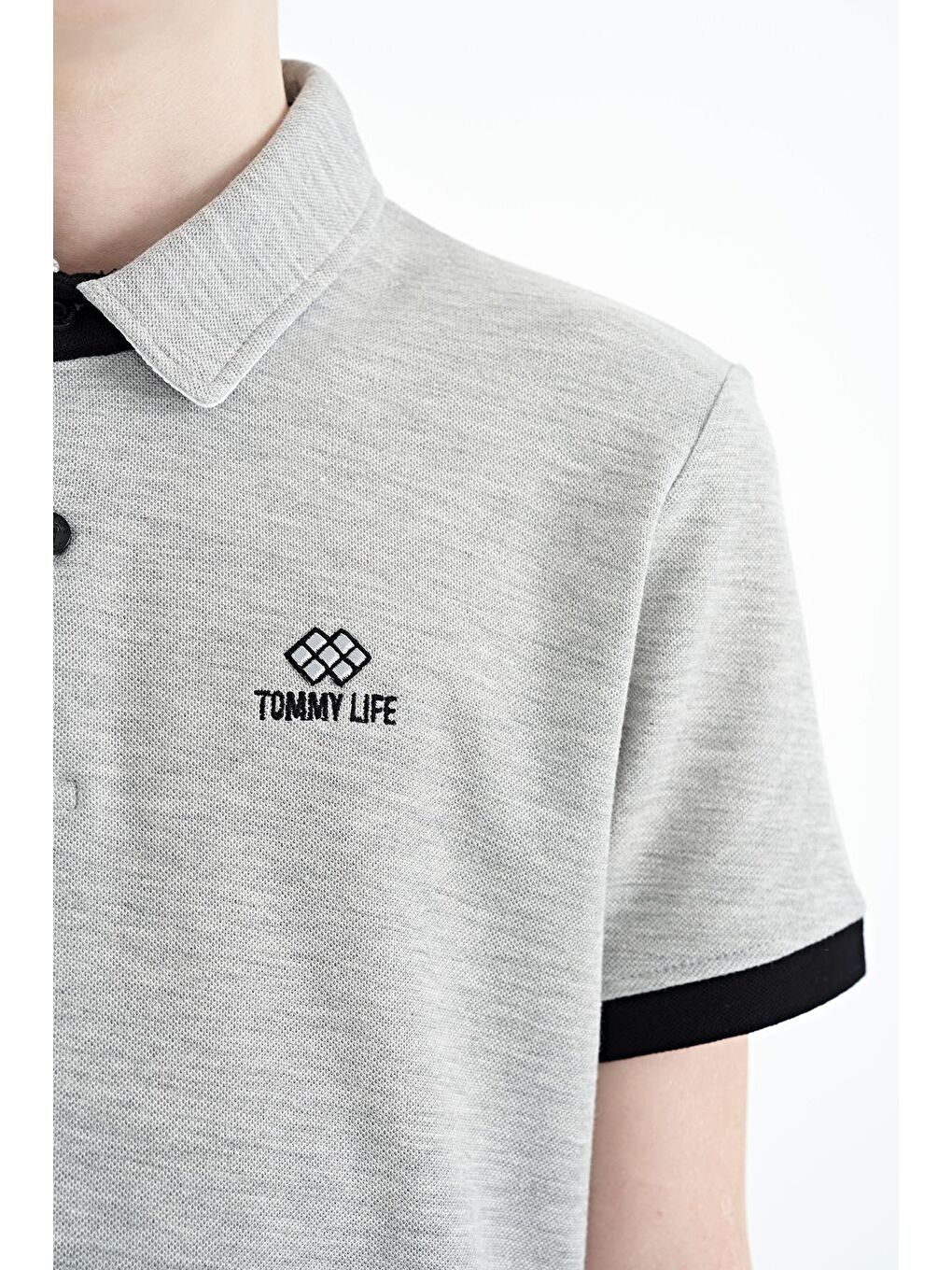 TOMMYLIFE Gri Melanj Logo Nakışlı Standart Kalıp Polo Yaka Erkek Çocuk T-Shirt - 11083 - 2