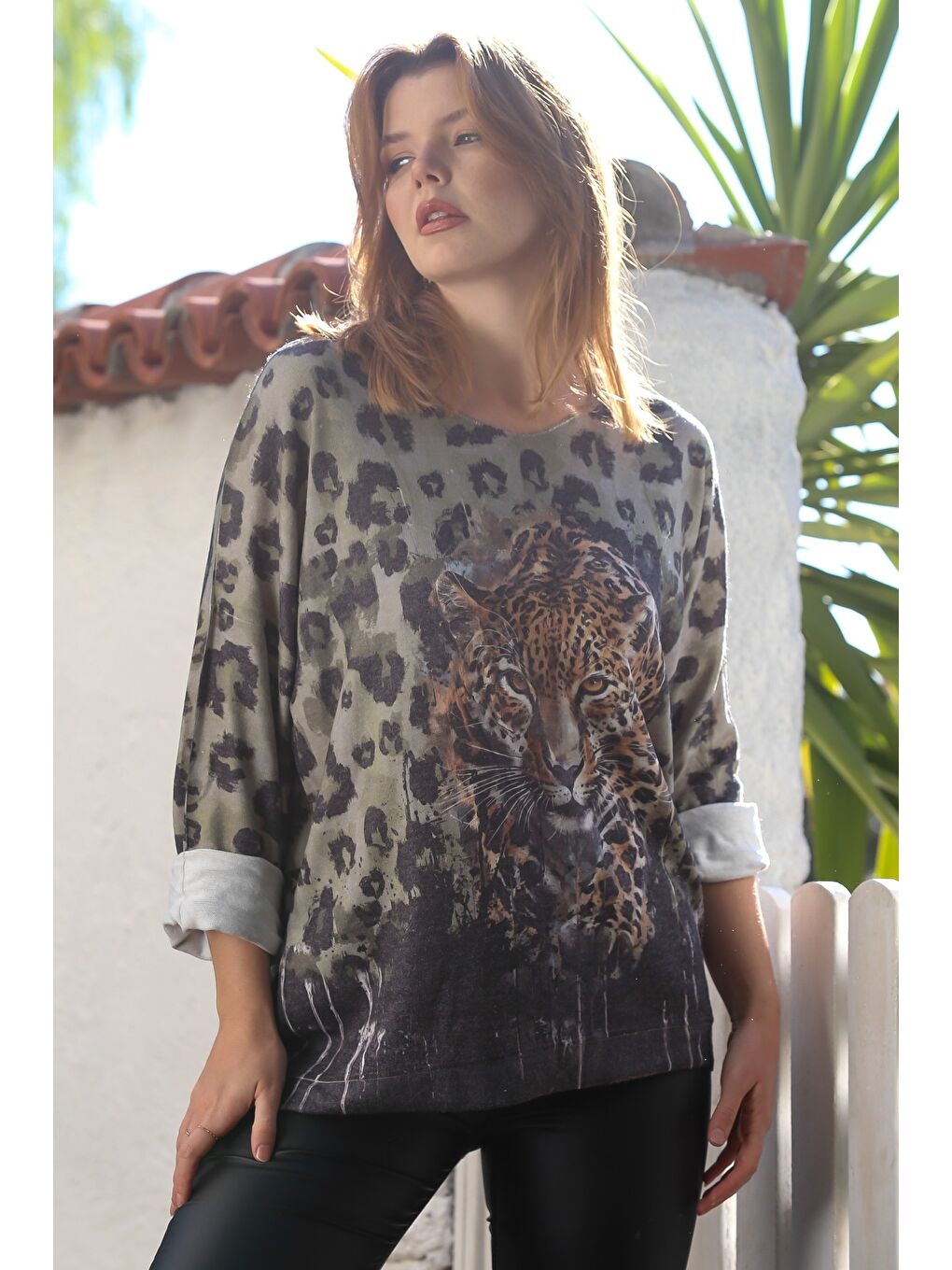 İtalyan Haki Havuz Yaka Uzun Kol Dijital Baskılı Casual Angora Triko Bluz 75 65-4