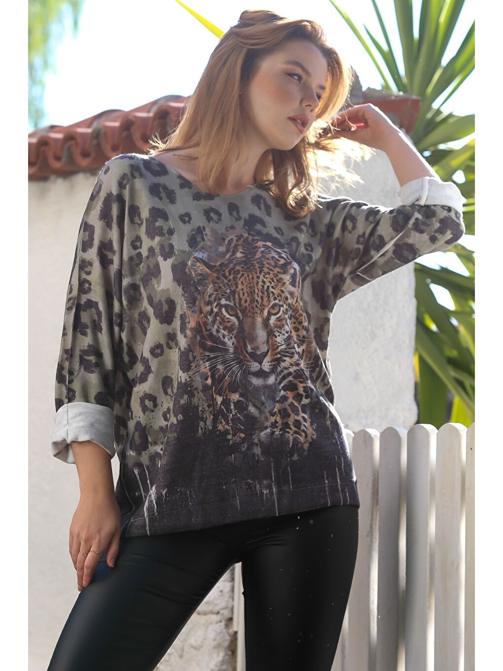 İtalyan Haki Havuz Yaka Uzun Kol Dijital Baskılı Casual Angora Triko Bluz 75 65-5