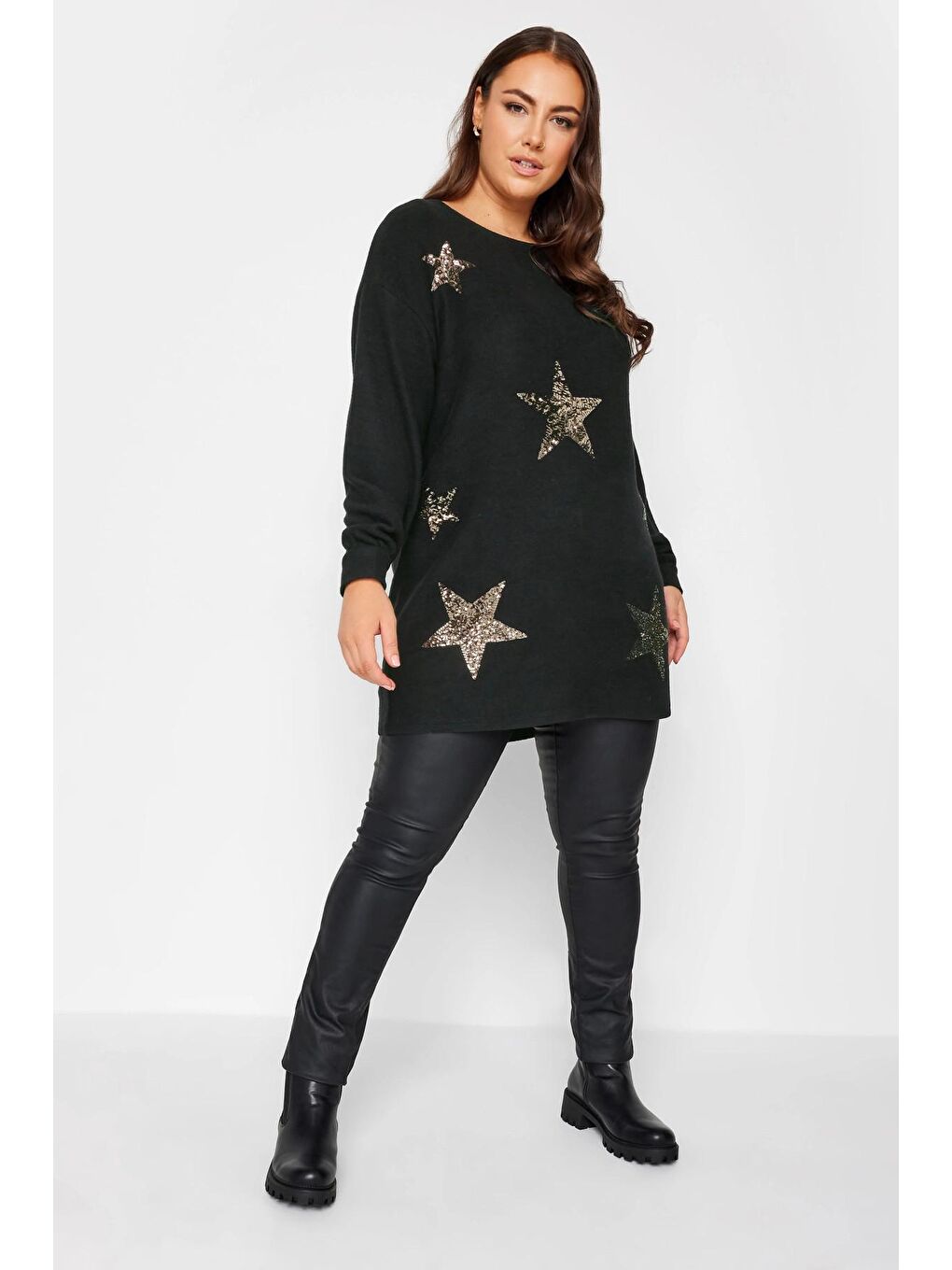 Siyah Büyük Beden Bisiklet Yaka Payetli Yıldız Desenli Uzun Kollu Kazak 285019-1
