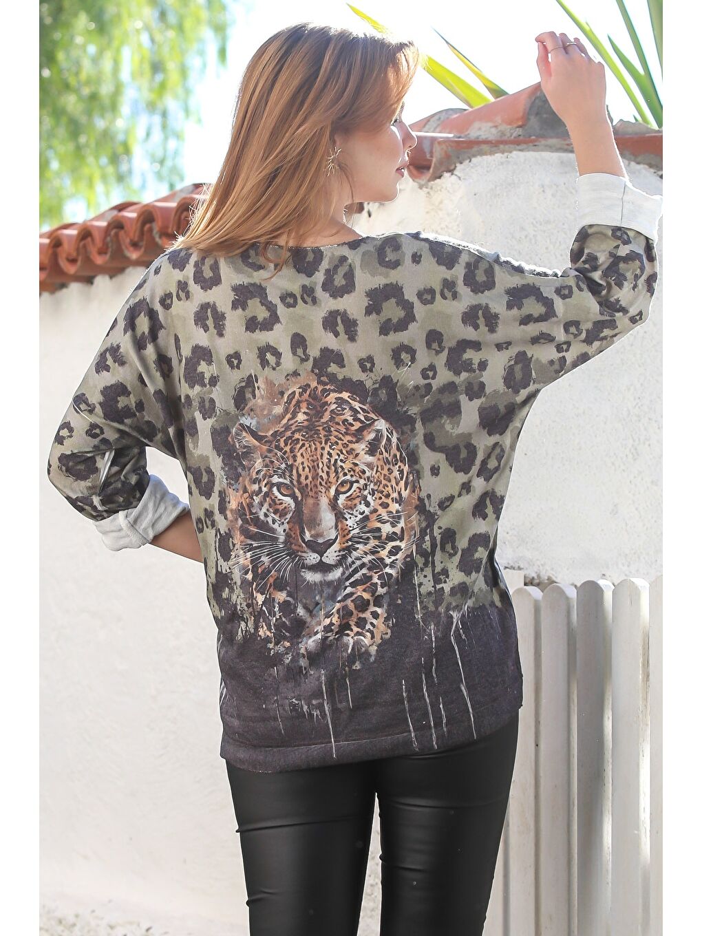 İtalyan Haki Havuz Yaka Uzun Kol Dijital Baskılı Casual Angora Triko Bluz 75 65-7