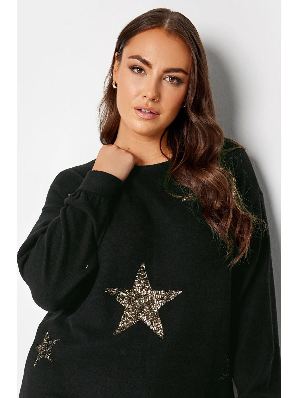 Siyah Büyük Beden Bisiklet Yaka Payetli Yıldız Desenli Uzun Kollu Kazak 285019-3