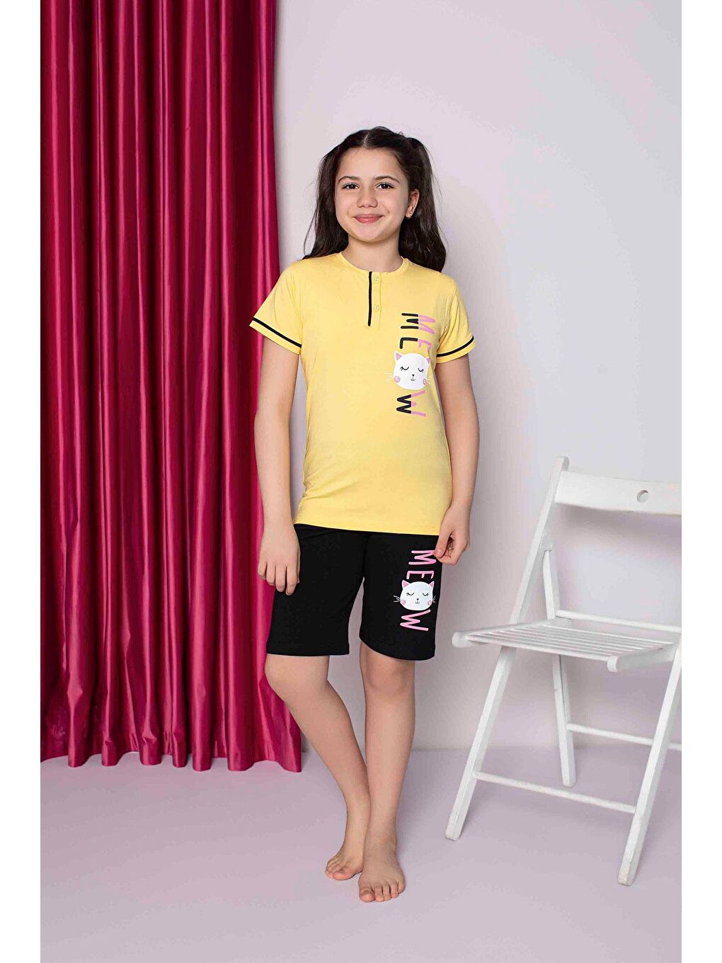 Kız Çocuk Penye Kısa Kollu Kaprili Pijama Takımı | Sarı 2667