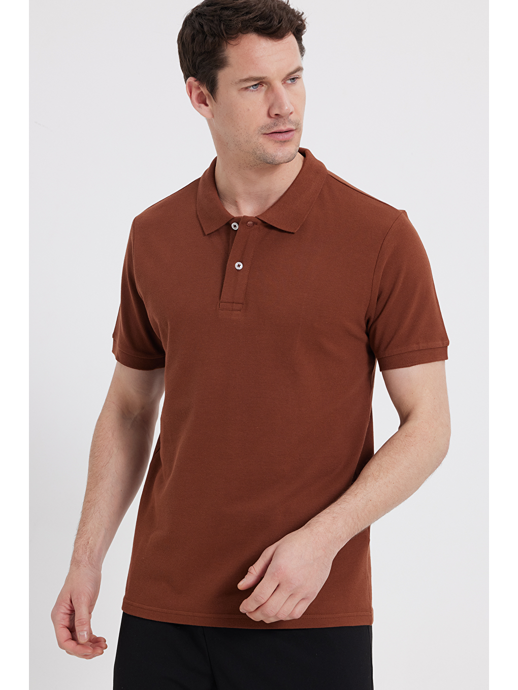 Erkek Slim Fit Dar Kesim %100 Pamuk Kahverengi Polo Yaka Tişört-1