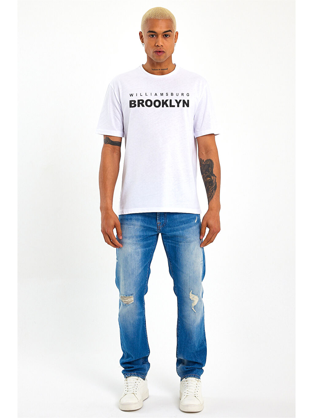 Beyaz Erkek Bisiklet Yaka Willams.Brooklyn Baskılı Büyük Beden Tişört SPR25TS31-1