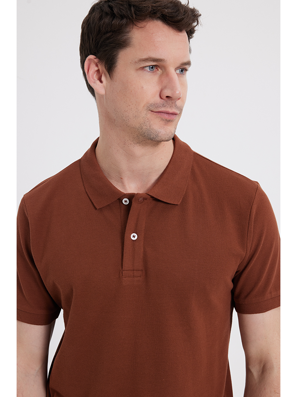 Erkek Slim Fit Dar Kesim %100 Pamuk Kahverengi Polo Yaka Tişört-2